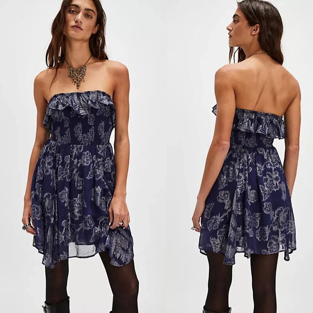New Free People Gardenia Blue Floral Mini Dress Size S